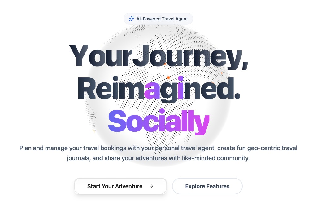 TRVLR landing page showing the AI-powered travel agent hero