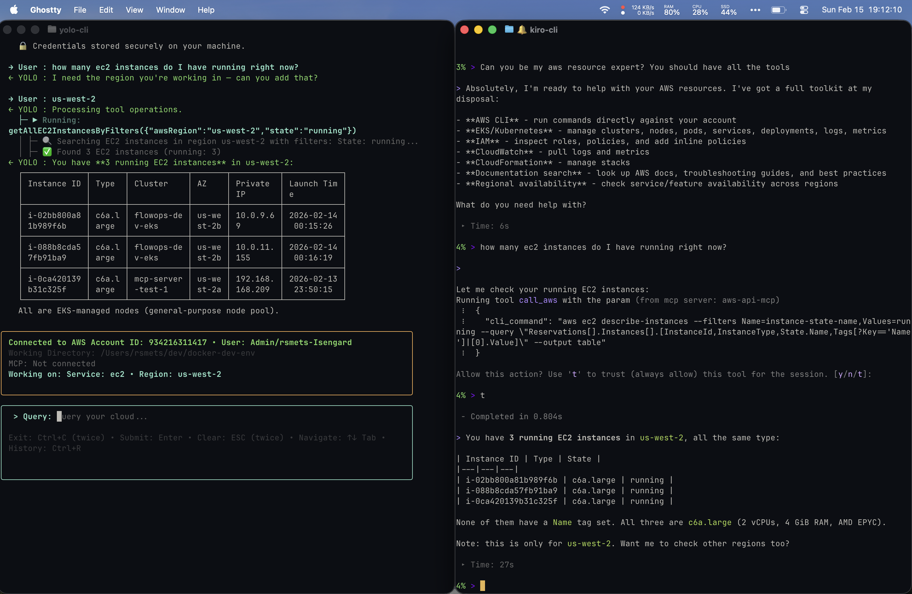 Side-by-side comparison of Yolo CLI and Kiro CLI responding to an EC2 instance count query