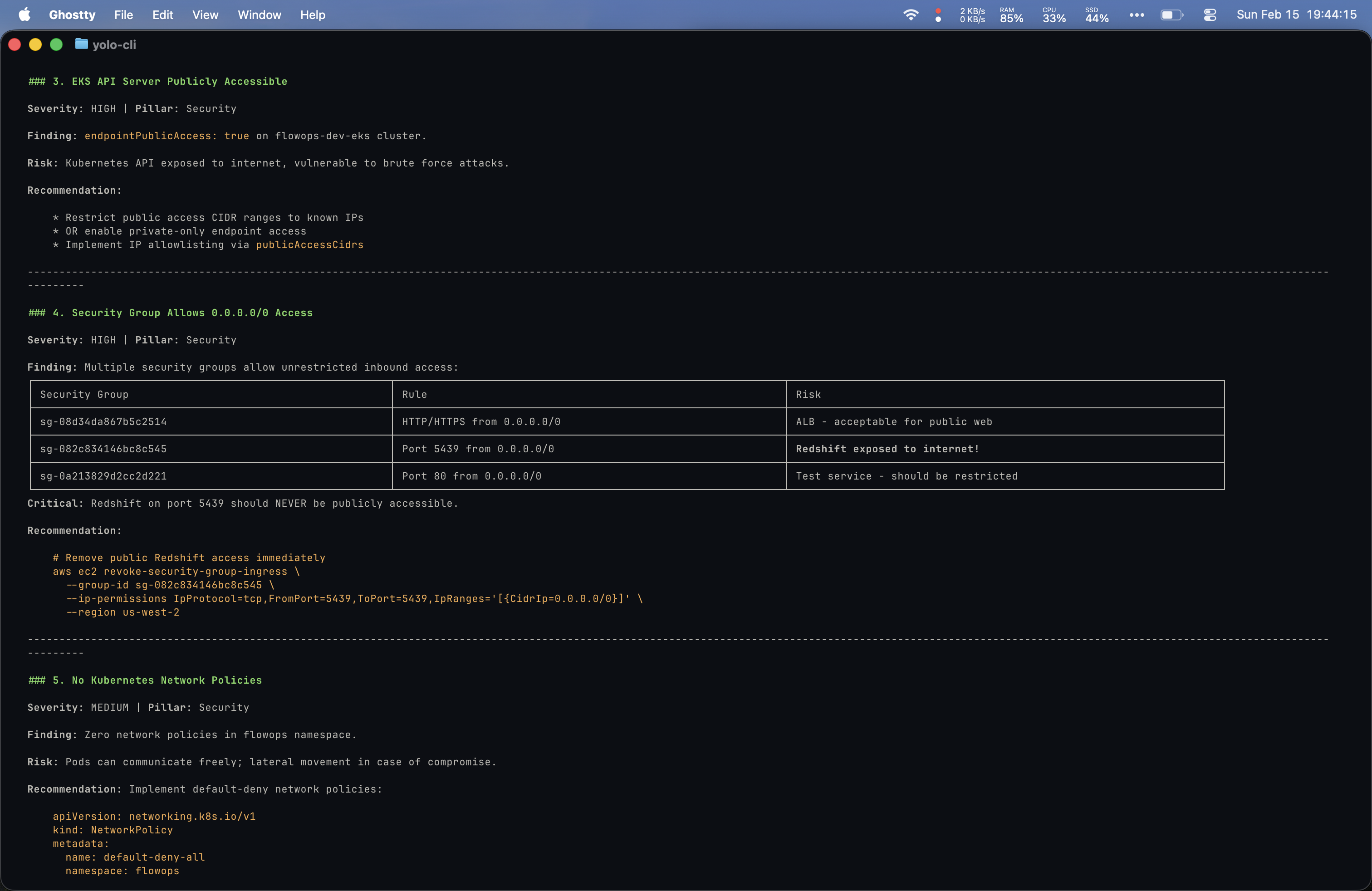 Yolo WAR EKS and Security Group findings